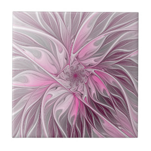 Fractal Pink Flower Dream, Floral Fantasy Pattern Ceramic Tile