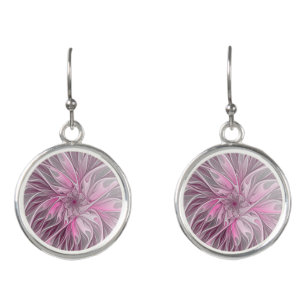 Fractal Pink Flower Dream, Floral Fantasy Pattern Earrings