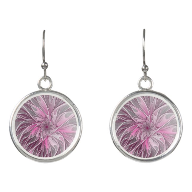 Fractal Pink Flower Dream, Floral Fantasy Pattern Earrings (Front)