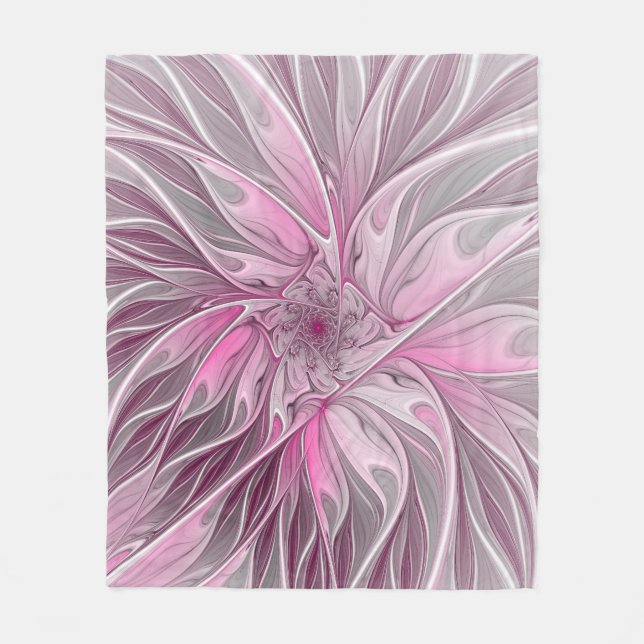 Fractal Pink Flower Dream, floral Fantasy Pattern Fleece Blanket (Front)