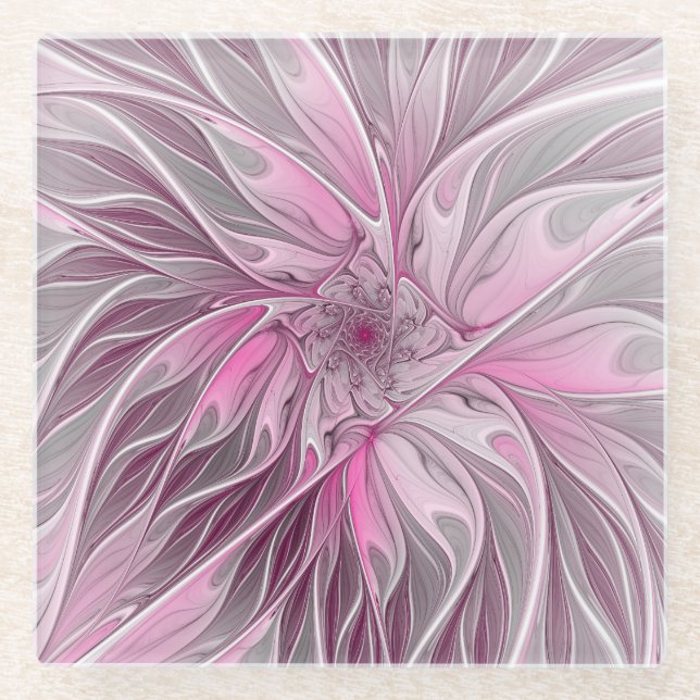 Fractal Pink Flower Dream, Floral Fantasy Pattern Glass Coaster (Front)