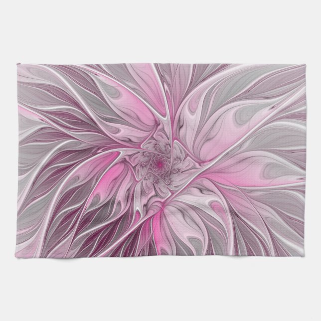 Fractal Pink Flower Dream, Floral Fantasy Pattern Kitchen Towel (Horizontal)