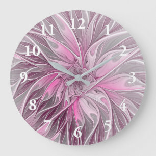 Fractal Pink Flower Dream, floral Fantasy Pattern Large Clock