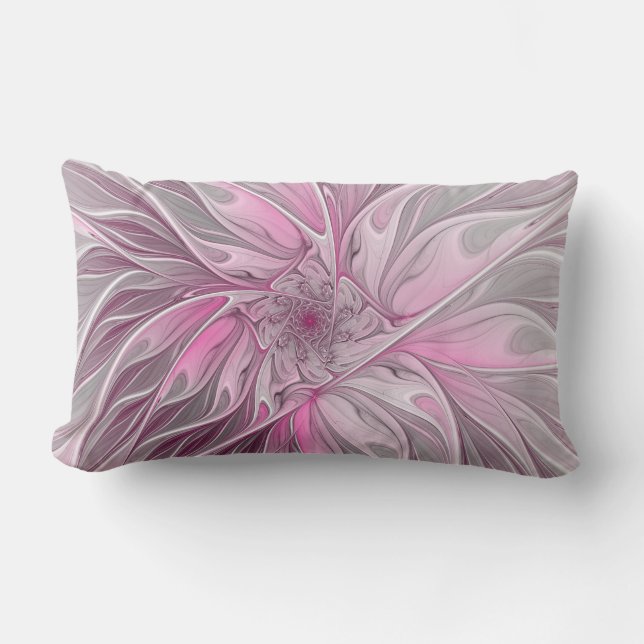 Fractal Pink Flower Dream, Floral Fantasy Pattern Lumbar Pillow (Front)