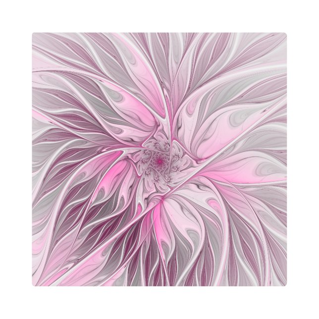 Fractal Pink Flower Dream, Floral Fantasy Pattern Metal Print (Front)