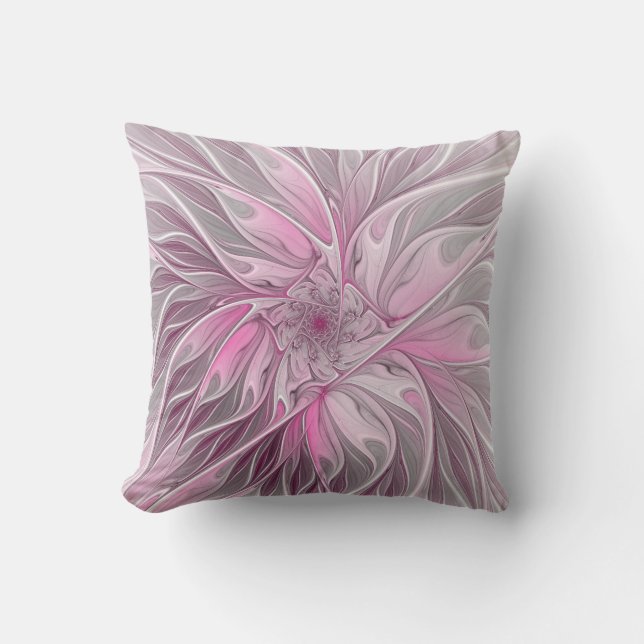 Fractal Pink Flower Dream, Floral Fantasy Pattern Outdoor Pillow (Front)