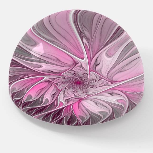 Fractal Pink Flower Dream, Floral Fantasy Pattern Paperweight (Angled)