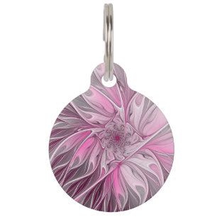 Fractal Pink Flower Dream, Floral Fantasy Pattern Pet ID Tag