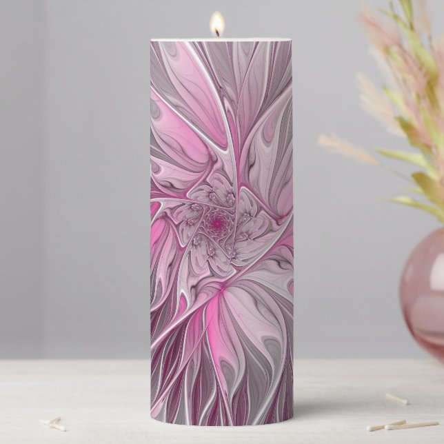 Fractal Pink Flower Dream, floral Fantasy Pattern Pillar Candle (In Situ)