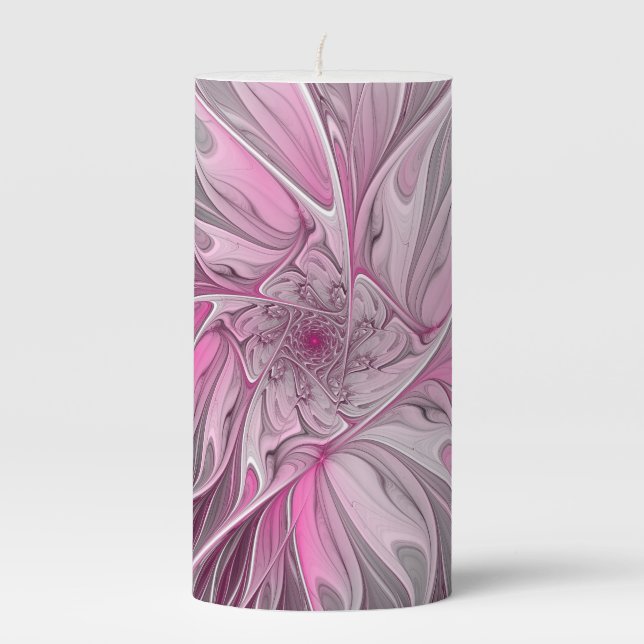 Fractal Pink Flower Dream, floral Fantasy Pattern Pillar Candle (Front)