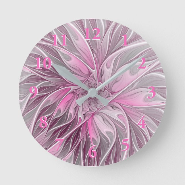 Fractal Pink Flower Dream, floral Fantasy Pattern Round Clock (Front)