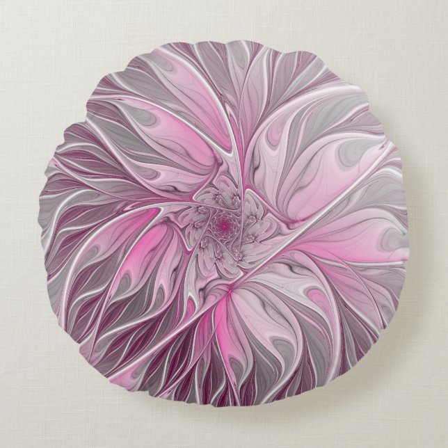 Fractal Pink Flower Dream, Floral Fantasy Pattern Round Pillow (Front)