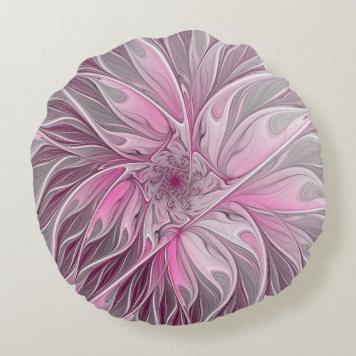 Fractal Pink Flower Dream floral Fantasy Pattern Round Pillow