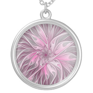 Fractal Pink Flower Dream, Floral Fantasy Pattern Silver Plated Necklace