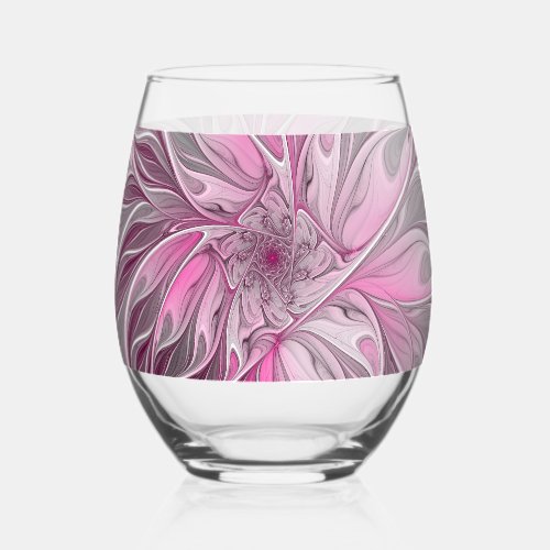 Fractal Pink Flower Dream, Floral Fantasy Pattern Stemless Wine Glass