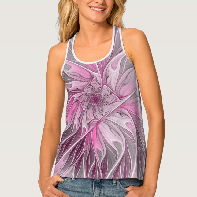 Fractal Pink Flower Dream, floral Fantasy Pattern Tank Top (Front)