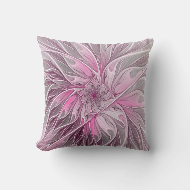 Fractal Pink Flower Dream, floral Fantasy Pattern Throw Pillow (Front)