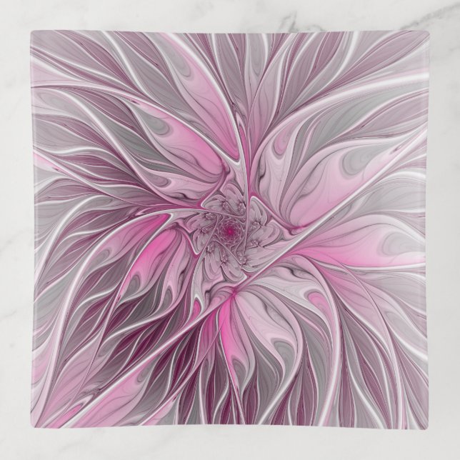 Fractal Pink Flower Dream, Floral Fantasy Pattern Trinket Tray (Front)