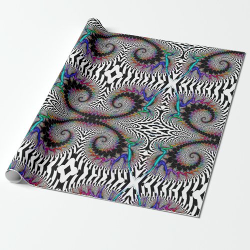 Fractal Rainbow Spiral Black White Abstract Wrapping Paper