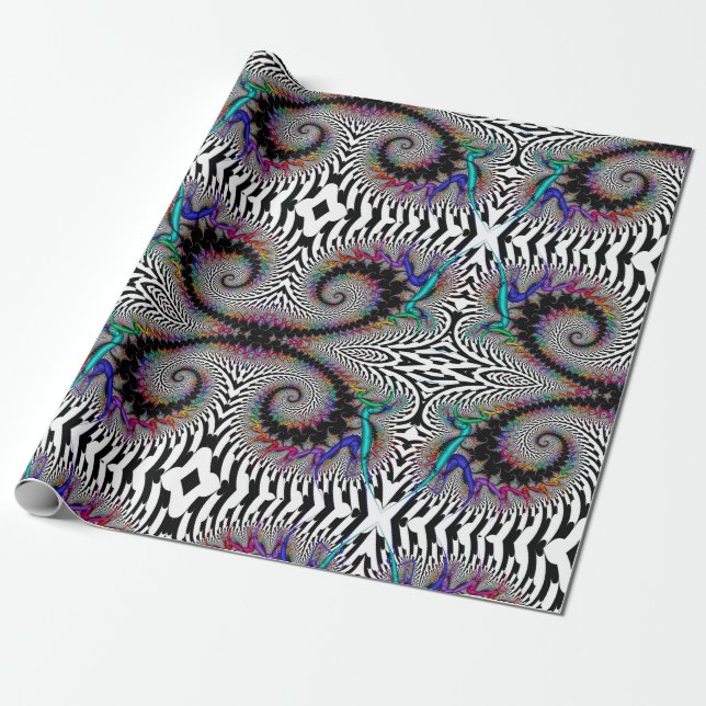 Fractal Rainbow Spiral Black White Abstract Wrapping Paper (Unrolled)