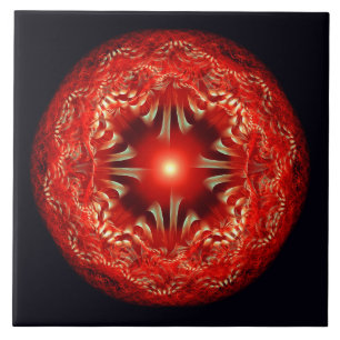 Fractal round red mandala ceramic tile