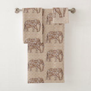 Fractal Swirl Elephant, Brown and Taupe Bath Towel Set