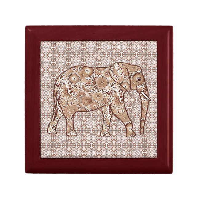 Fractal swirl elephant - brown and taupe keepsake box (Front)