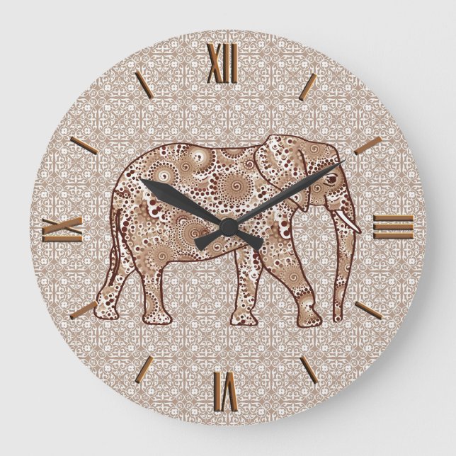 Fractal swirl elephant - brown and taupe large clock (Front)