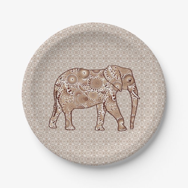 Fractal swirl elephant - brown and taupe paper plates (Front)