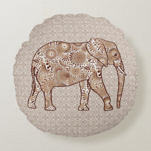 Fractal swirl elephant - brown and taupe round pillow