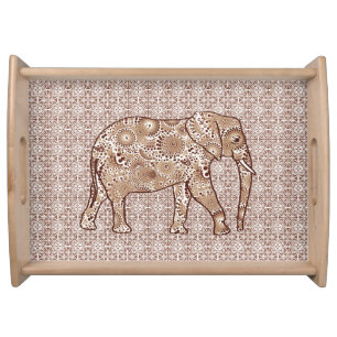 Fractal swirl elephant - brown and taupe serving tray