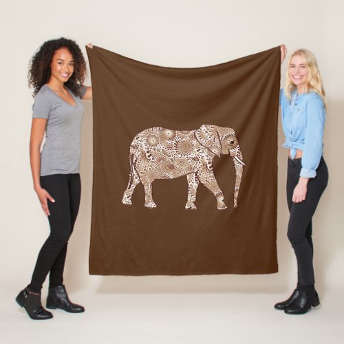 Fractal swirl elephant coffee brown and beige fleece blanket