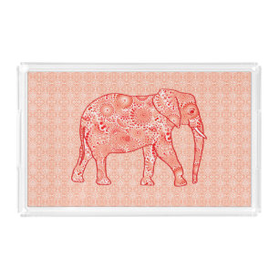 Fractal swirl elephant - coral orange and white acrylic tray