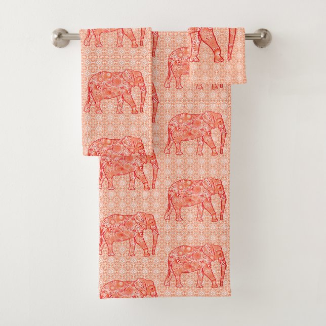 Fractal swirl elephant, coral orange and white bath towel set (Insitu)