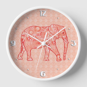 Fractal swirl elephant - coral orange and white clock