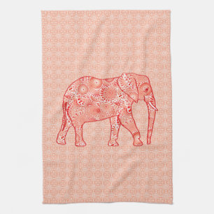 Fractal swirl elephant - coral orange and white kitchen towel