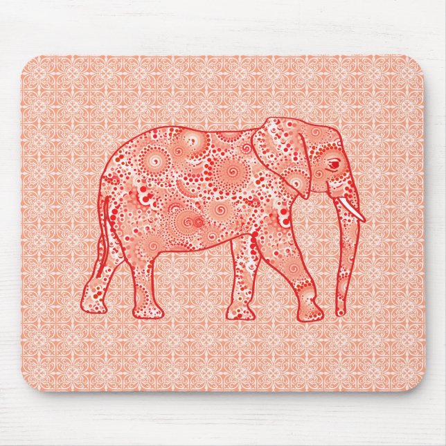 Fractal swirl elephant - coral orange and white mouse pad (Front)