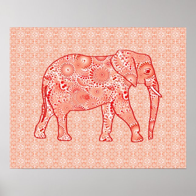 Fractal swirl elephant - coral orange and white poster (Front)