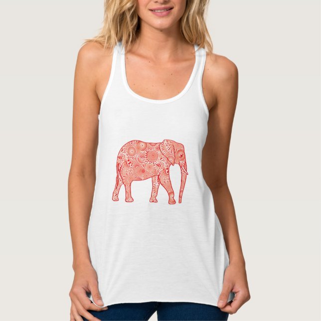 Fractal swirl elephant - coral orange and white tank top (Front)