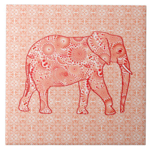 Fractal swirl elephant - coral orange and white tile