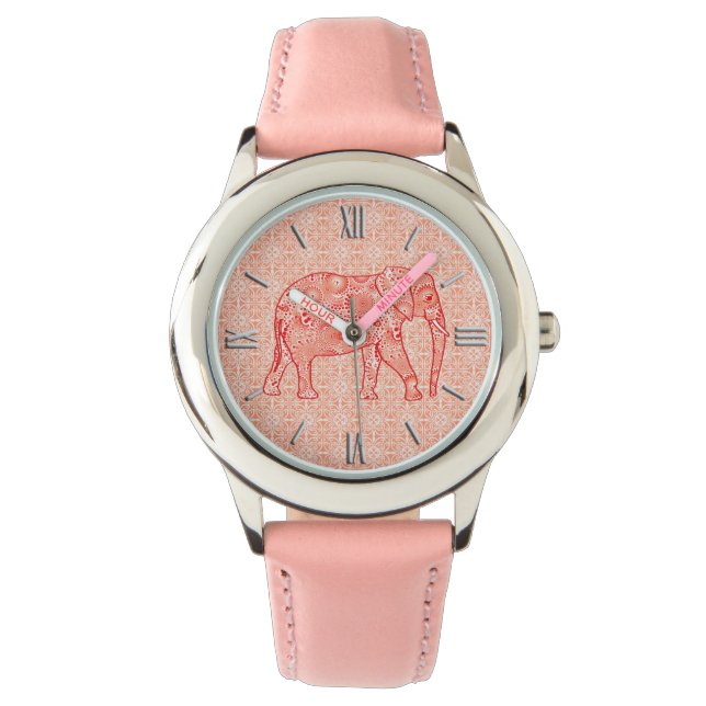 Fractal swirl elephant - coral orange and white watch (Front)
