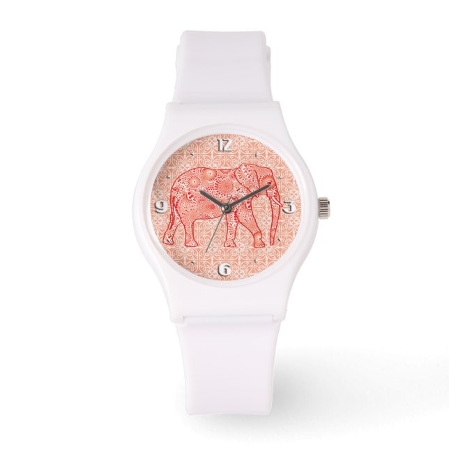Fractal swirl elephant - coral orange and white watch (Front)