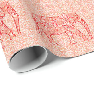 Fractal swirl elephant - coral orange and white wrapping paper