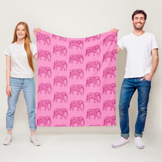 Fractal swirl elephant, fuchsia pink fleece blanket (In Situ)