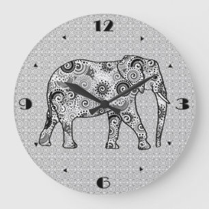 Fractal swirl elephant - gray, black and white large clock