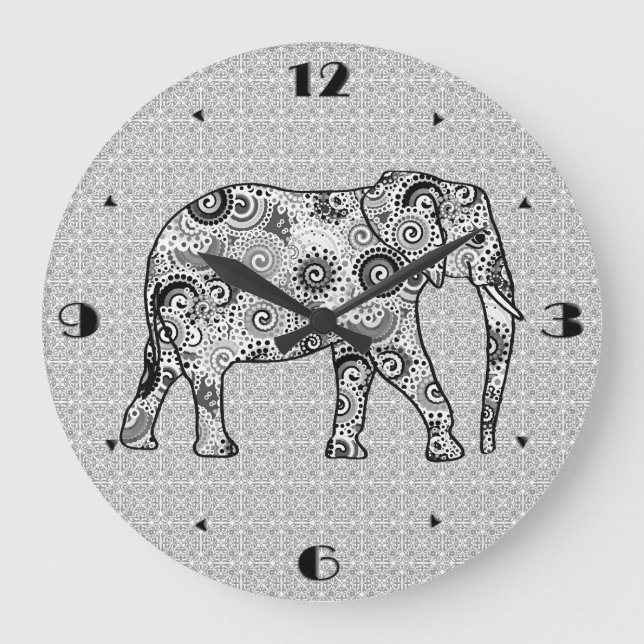Fractal swirl elephant - gray, black and white large clock (Front)