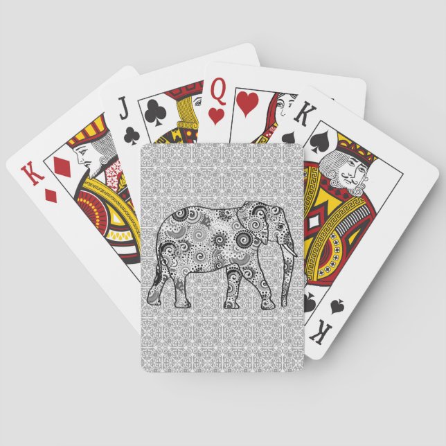 Fractal swirl elephant - gray, black and white poker cards (Back)