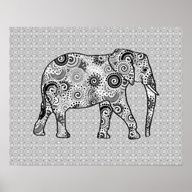 Fractal swirl elephant - gray, black and white poster (Front)
