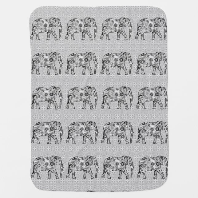Fractal swirl elephant - grey, black and white baby blanket (Front)