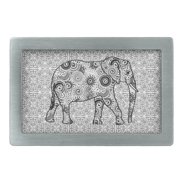 Fractal swirl elephant - grey, black and white belt buckle (Front)
